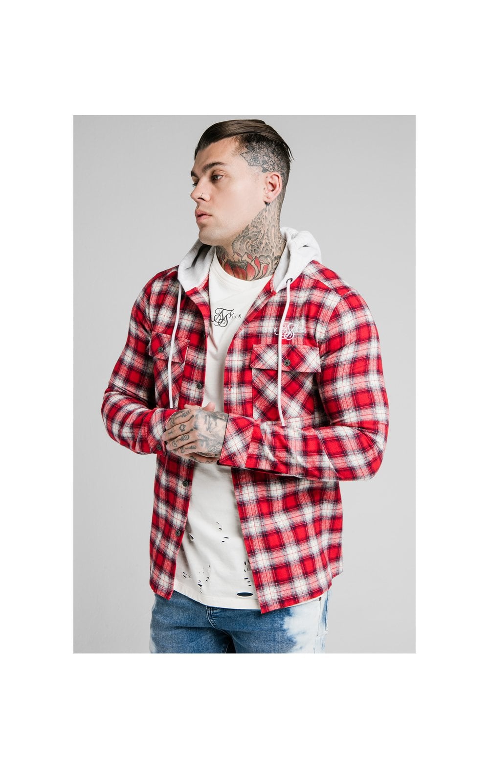 Cargar imagen en el visor de la galería, SikSilk L/S Hooded Flannel Shirt Jacket - Red &amp; Off White