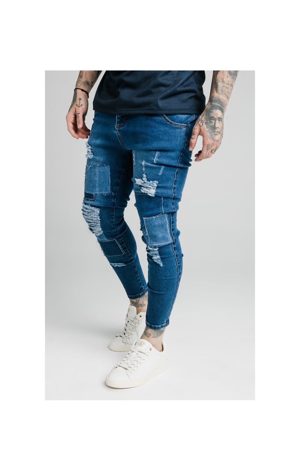 Cargar imagen en el visor de la galería, SikSilk Skinny Distressed Patch Jeans - Midstone