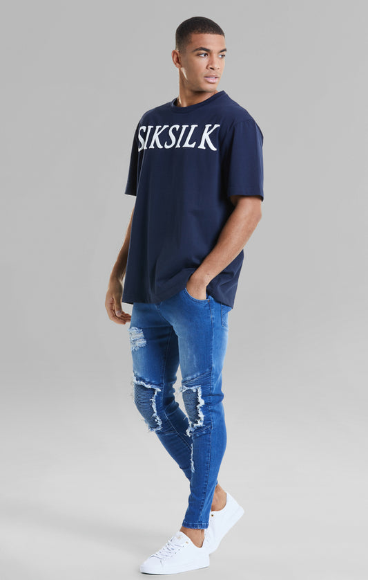 SikSilk Raw Hem Biker Jeans - Midstone Blue