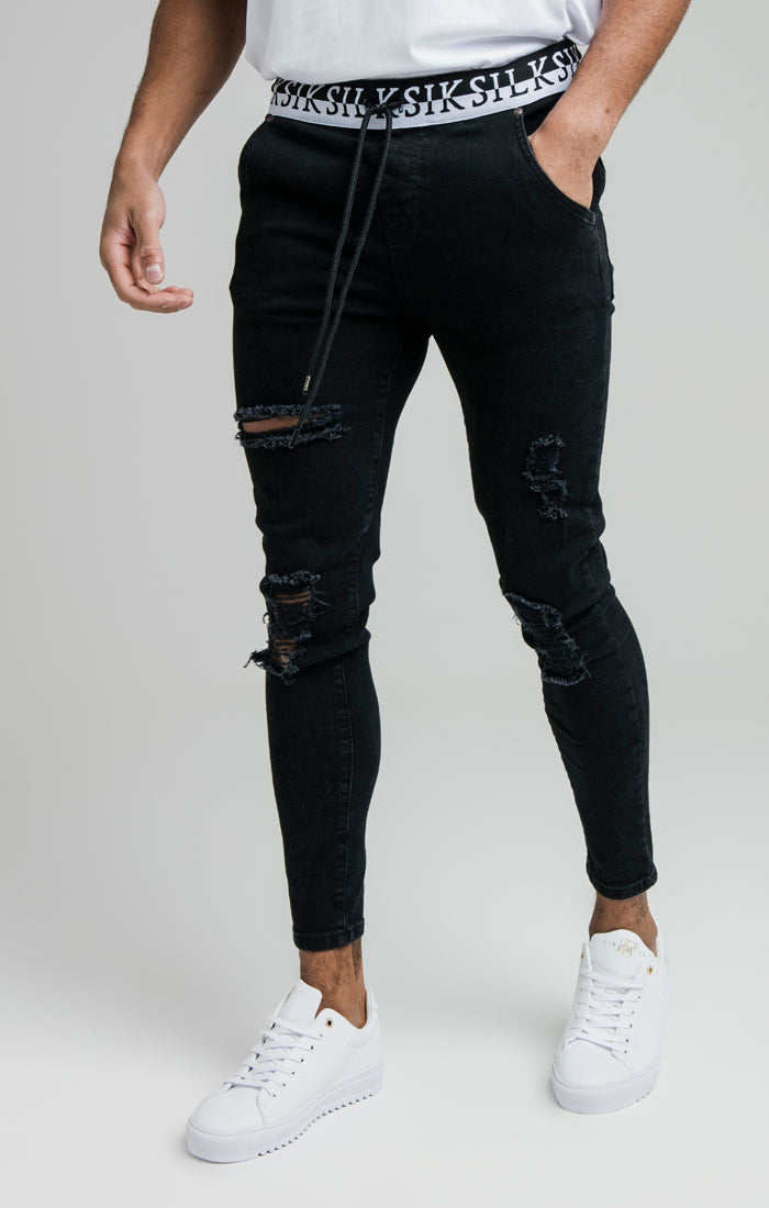 Cargar imagen en el visor de la galería, SikSilk Distressed Skinny Elasticated Jeans - Washed Black