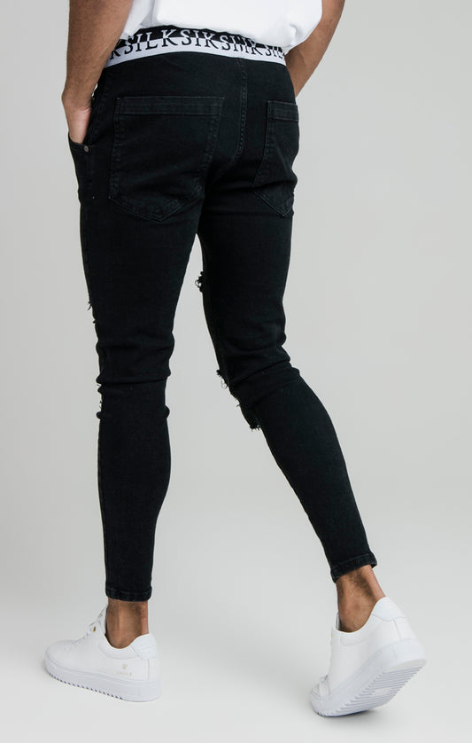 SikSilk Distressed Skinny Elasticated Jeans - Washed Black