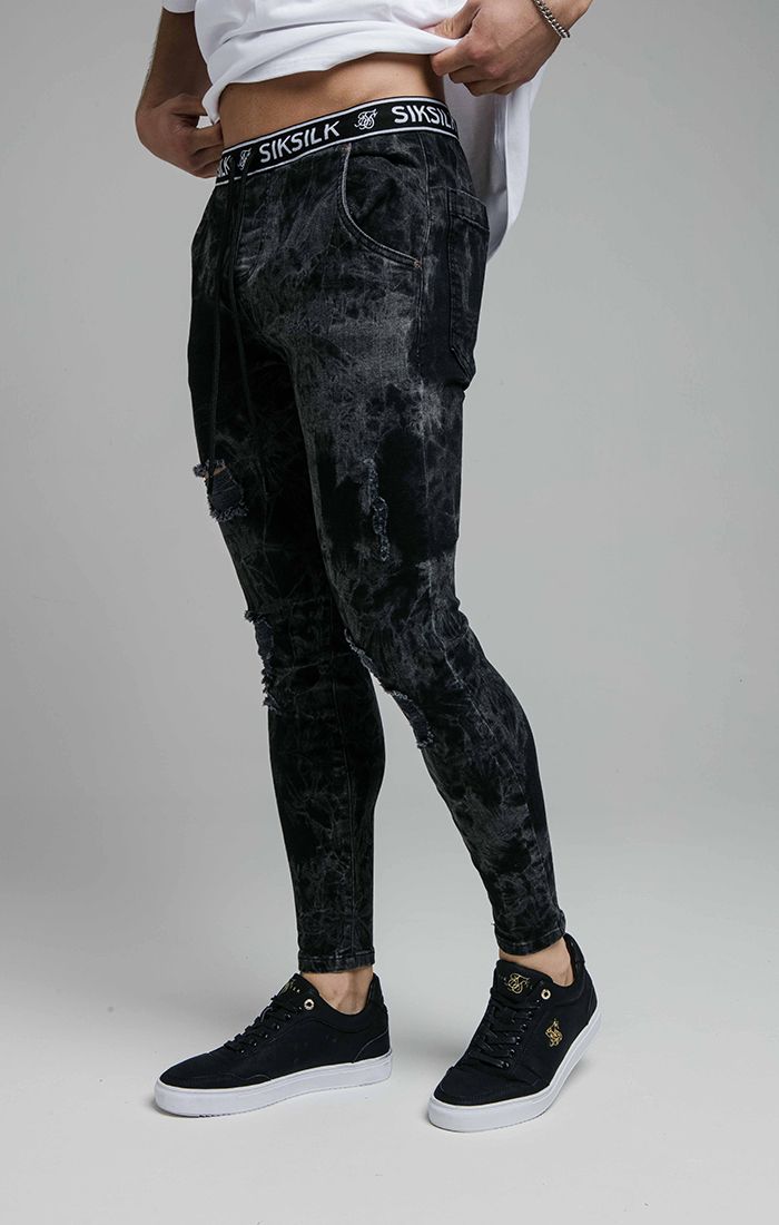 Cargar imagen en el visor de la galería, SikSilk Distressed Skinny Elasticated Jeans - Black Tie Dye