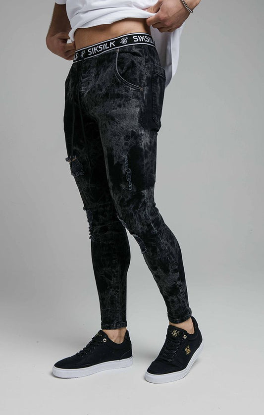 SikSilk Distressed Skinny Elasticated Jeans - Black Tie Dye