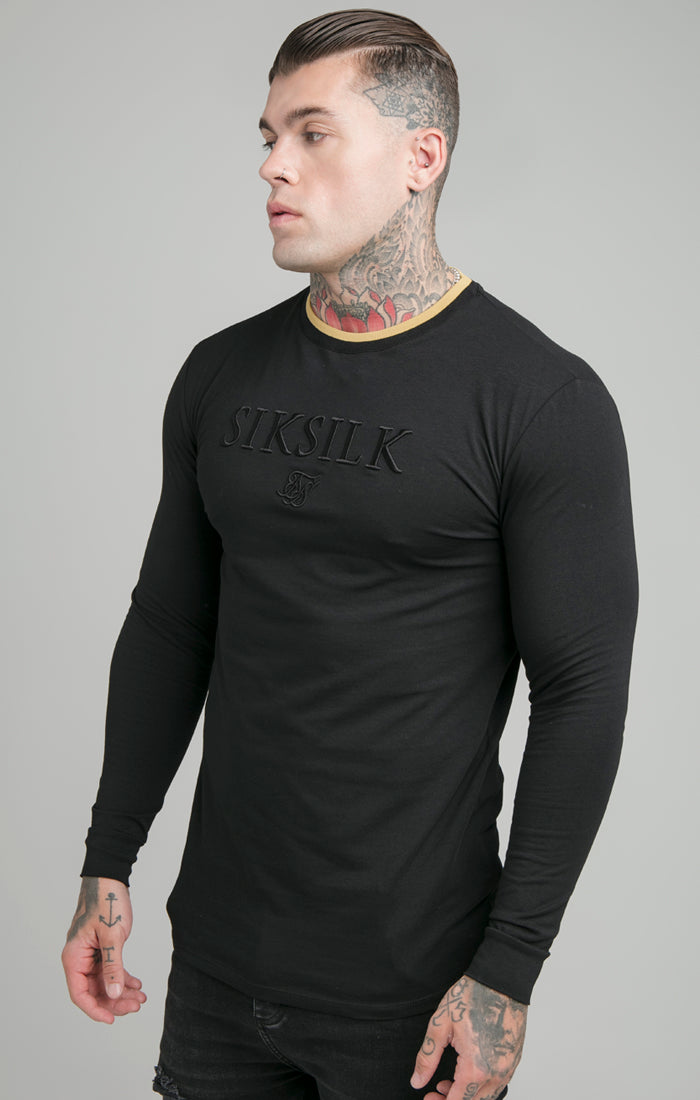 Cargar imagen en el visor de la galería, Camiseta de gimnasio SikSilk de manga larga con cuello acanalado - Negro