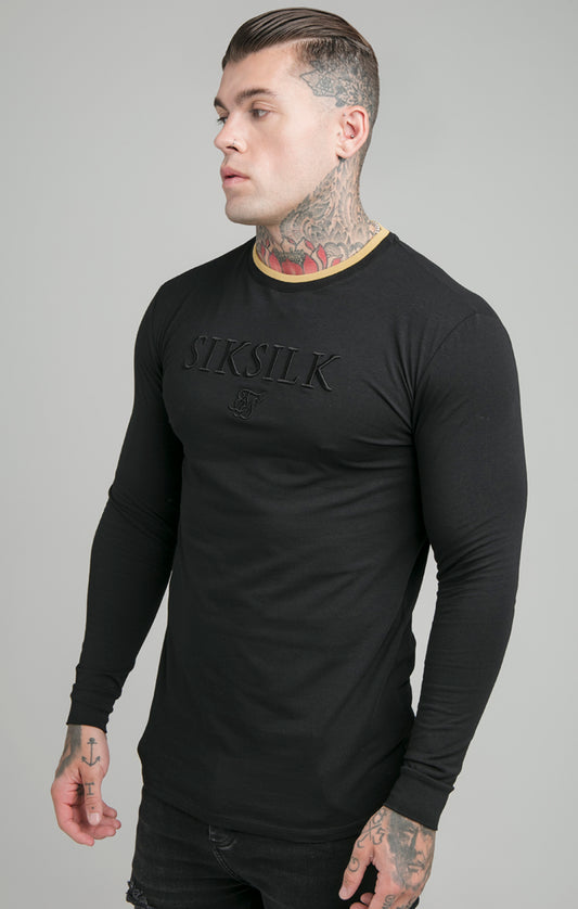 Camiseta de gimnasio SikSilk de manga larga con cuello acanalado - Negro