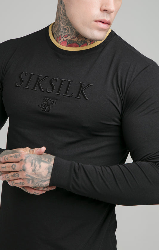 Camiseta de gimnasio SikSilk de manga larga con cuello acanalado - Negro