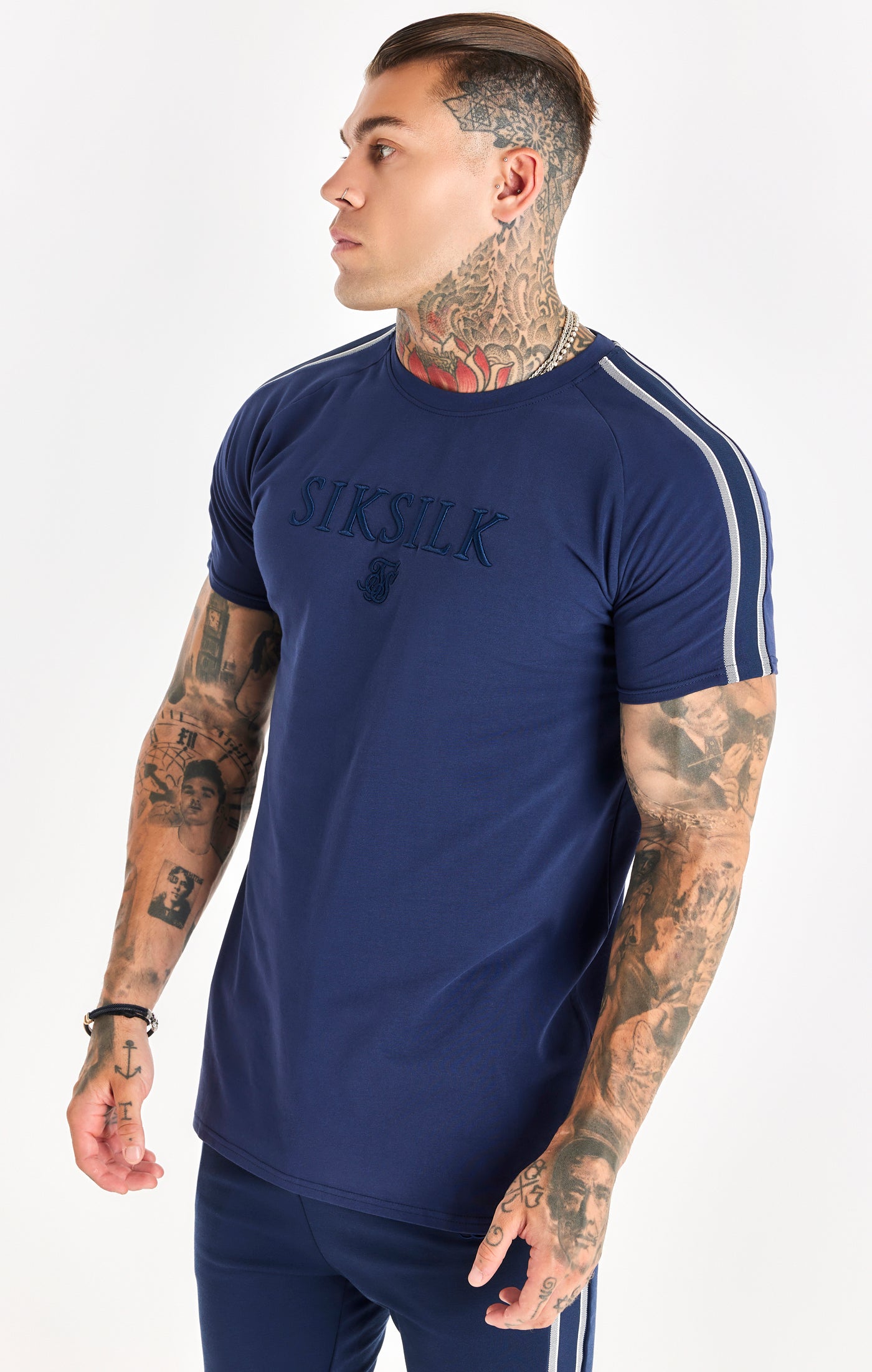 Cargar imagen en el visor de la galería, Camiseta Muscle Fit con Banda de Punto Azul Marino