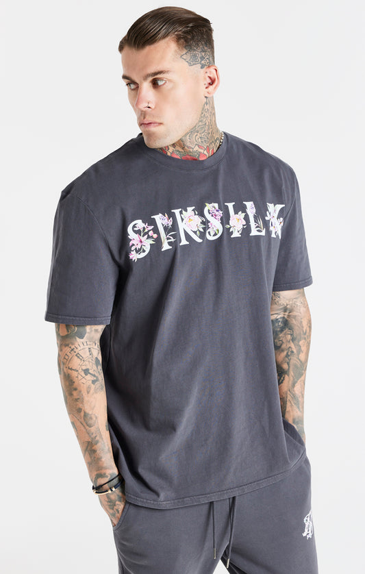 Camiseta SikSilk Essential con lavado ácido y diseño floral - Gris