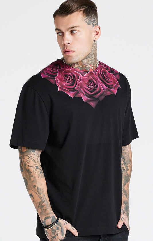 Camiseta holgada SikSilk con estampado de rosa - Negro