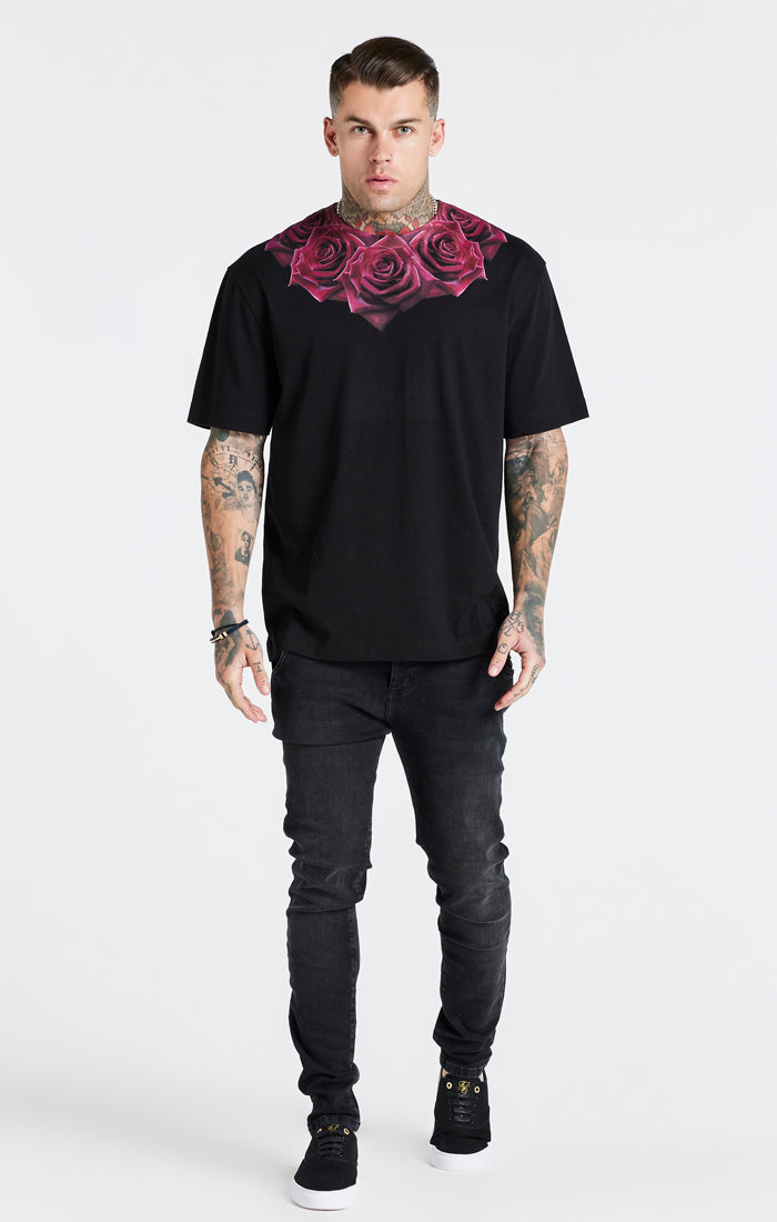 Cargar imagen en el visor de la galería, Camiseta holgada SikSilk con estampado de rosa - Negro (2)