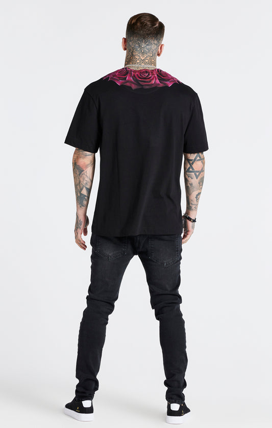 Camiseta holgada SikSilk con estampado de rosa - Negro