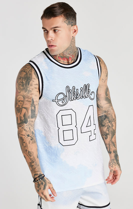 Camiseta de baloncesto SikSilk con estampado completo de jacquard - Blanco y azul