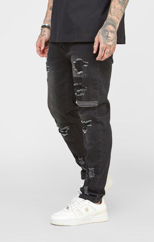 Jeans Ajustados De Mezclilla Negros Desgastados