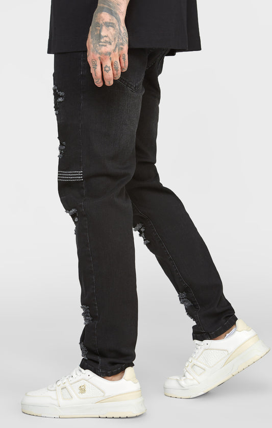 Jeans Ajustados De Mezclilla Negros Desgastados