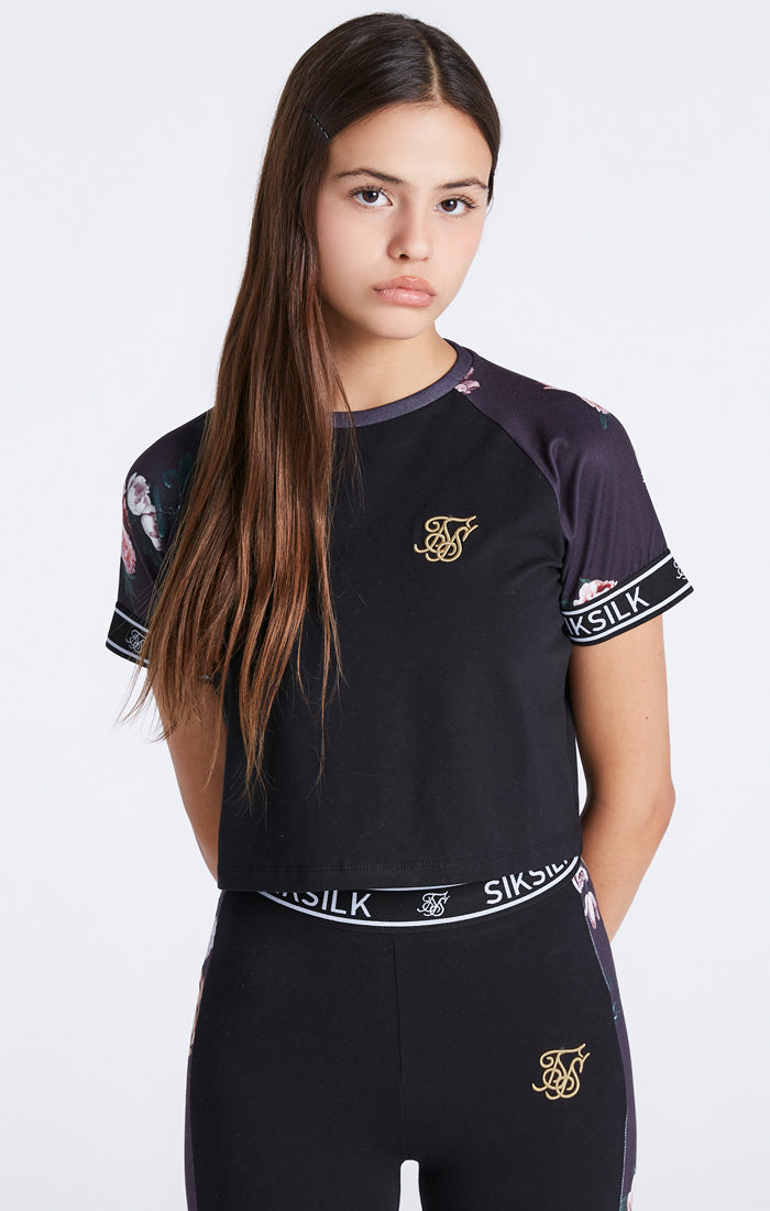 Cargar imagen en el visor de la galería, Girls Black Floral Cropped T-Shirt