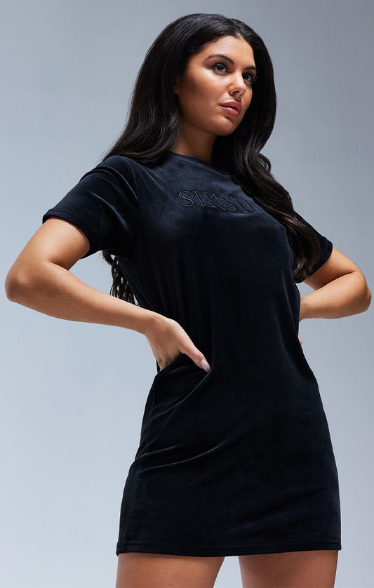 Vestido Camiseta de Terciopelo con Bordado SikSilk - Negro